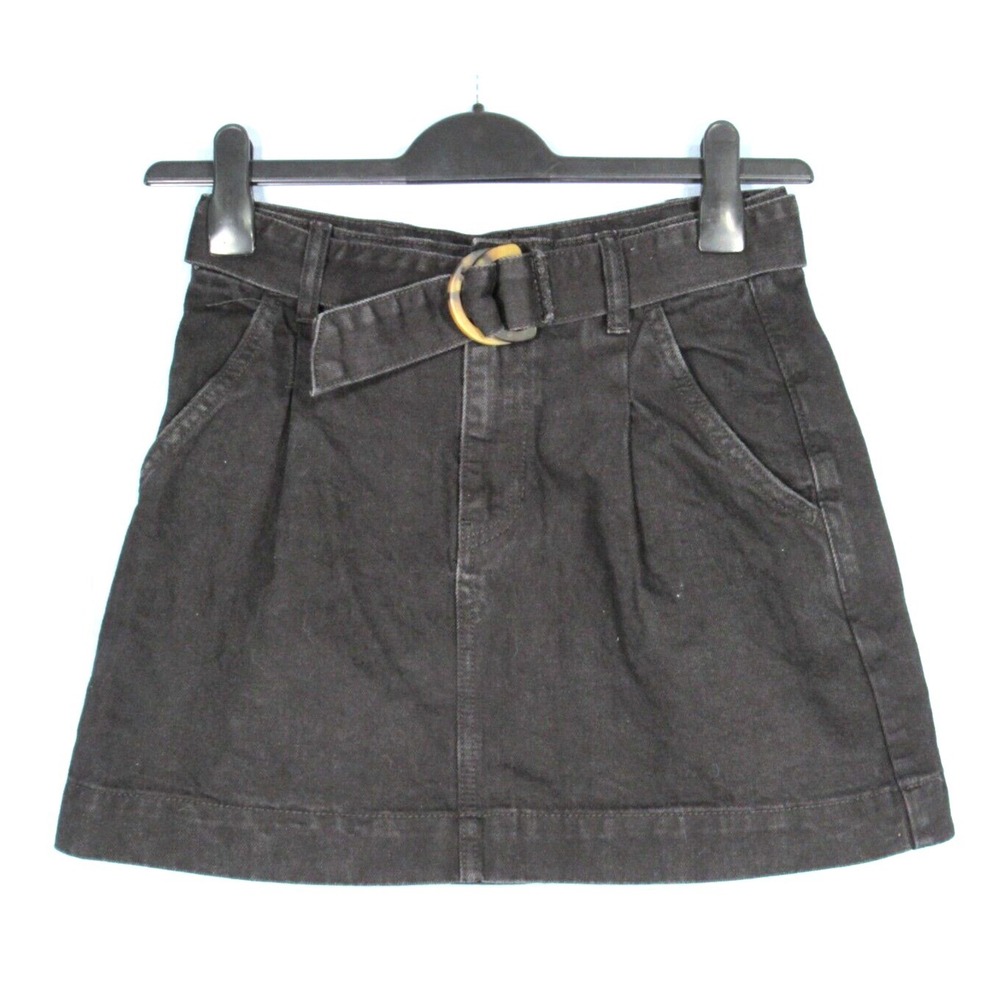 WE THE FREE PEOPLE Pleated Black Slouchy COTTON DENIM Belted JADE MINI SKIRT 25